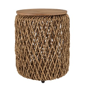 Sixtine - table d'appoint ronde diam40 rotin plateau bois teck recyclé