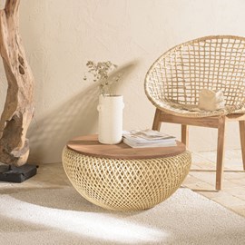 Sixtine - table basse ronde diam68 plateau bois teck recyclé rotin beige
