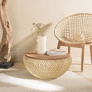 Sixtine - table basse ronde diam68 plateau bois teck recyclé rotin beige