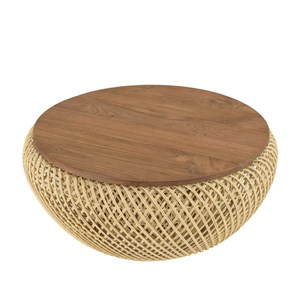 Sixtine - table basse ronde diam68 plateau bois teck recyclé rotin beige