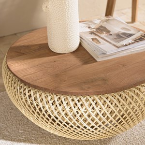 Sixtine - table basse ronde diam68 plateau bois teck recyclé rotin beige