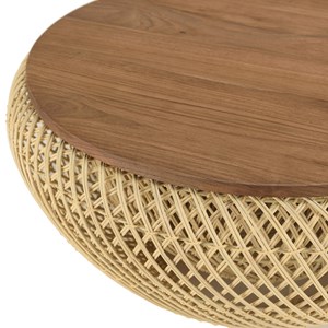 Sixtine - table basse ronde diam68 plateau bois teck recyclé rotin beige