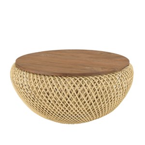 Sixtine - table basse ronde diam68 plateau bois teck recyclé rotin beige