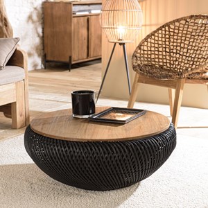 Sixtine - table basse ronde diam80 en bois de teck recylé rotin noir