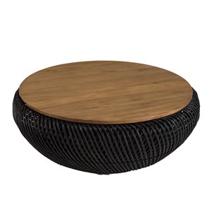 Sixtine - table basse ronde diam80 en bois de teck recylé rotin noir