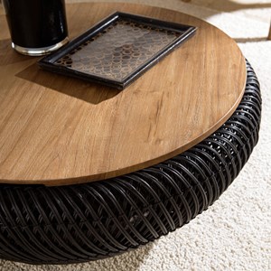 Sixtine - table basse ronde diam80 en bois de teck recylé rotin noir