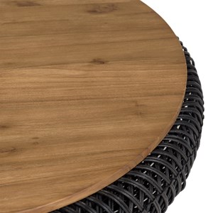Sixtine - table basse ronde diam80 en bois de teck recylé rotin noir