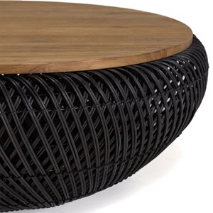 Sixtine - table basse ronde diam80 en bois de teck recylé rotin noir