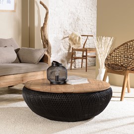 Sixtine - table basse ronde diam100 rotin noir plateau bois teck recyclé