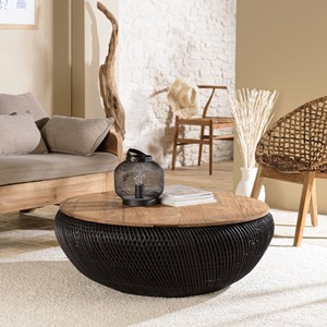 Sixtine - table basse ronde diam100 rotin noir plateau bois teck recyclé