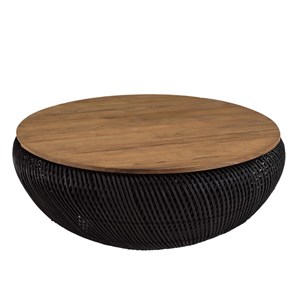Sixtine - table basse ronde diam100 rotin noir plateau bois teck recyclé
