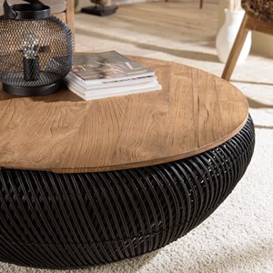 Sixtine - table basse ronde diam100 rotin noir plateau bois teck recyclé