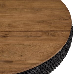 Sixtine - table basse ronde diam100 rotin noir plateau bois teck recyclé