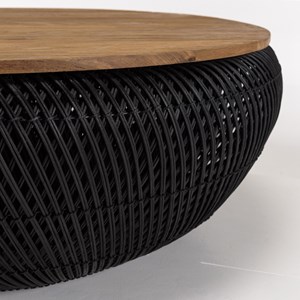 Sixtine - table basse ronde diam100 rotin noir plateau bois teck recyclé