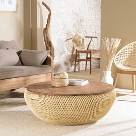 Sixtine - table basse ronde diam 100 en rotin beige bois teck recyclé