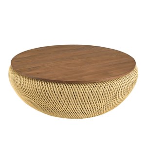 Sixtine - table basse ronde diam 100 en rotin beige bois teck recyclé