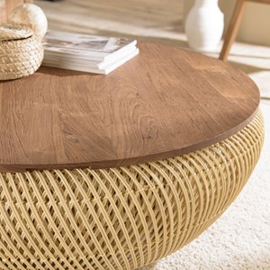 Sixtine - table basse ronde diam 100 en rotin beige bois teck recyclé
