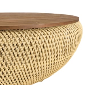 Sixtine - table basse ronde diam 100 en rotin beige bois teck recyclé