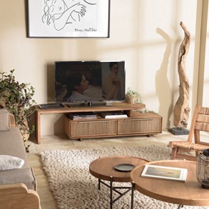 Sixtine - meuble tv modulable 140x40cm 2 tiroirs en bois teck recyclé