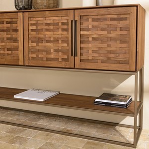 Sixtine - buffet en bois de teck recyclé 4 portes en tissage de bambou