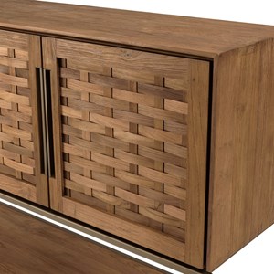 Sixtine - buffet en bois de teck recyclé 4 portes en tissage de bambou