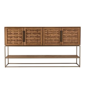 Sixtine - buffet en bois de teck recyclé 4 portes en tissage de bambou