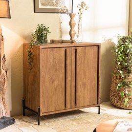 Sixtine - buffet 2 portes en bois de teck recyclé avec pieds en métal noir