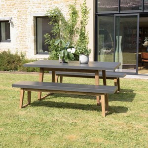 Hector - ensemble de jardin béton, bois acacia table 180*90cm et 2 bancs