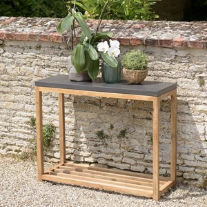 Hector - console rect. 95 cm double plateau effet béton foncé et bois acacia