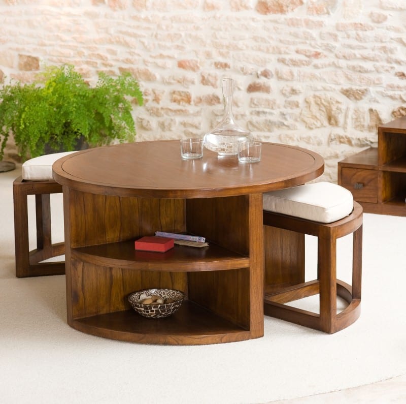 Macabane - Lauren - table basse et 2 tabourets coussins écrus bois mindi marron