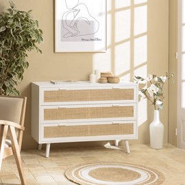 Sandro - commode blanche 3 tiroirs cannage naturel et bois blanc