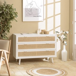 Sandro - commode blanche 3 tiroirs cannage naturel et bois blanc