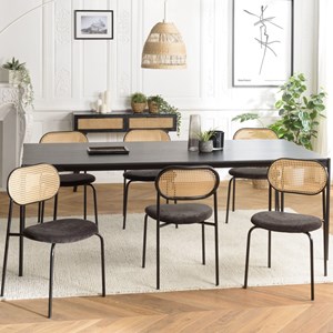 Lea - lot de 2 chaises assise tissu noir dossier effet cannage