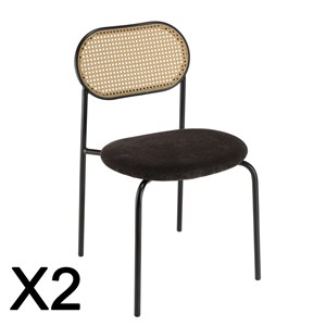 Lea - lot de 2 chaises assise tissu noir dossier effet cannage