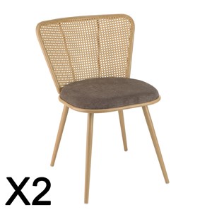 Lea - lot de 2 chaises assise tissu taupe large dossier effet cannage