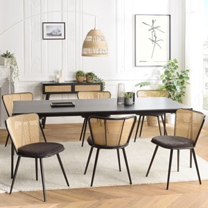 Lea - lot de 2 chaises assise tissu noir large dossier effet cannage