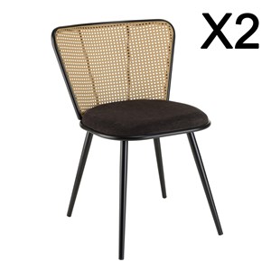 Lea - lot de 2 chaises assise tissu noir large dossier effet cannage