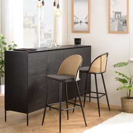 Lea - lot de 2 tabourets bar assise tissu noir dossier effet cannage
