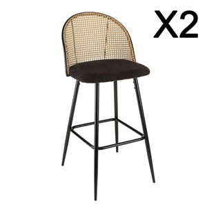 Lea - lot de 2 tabourets bar assise tissu noir dossier effet cannage