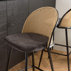 Lea - lot de 2 tabourets bar assise tissu noir dossier effet cannage