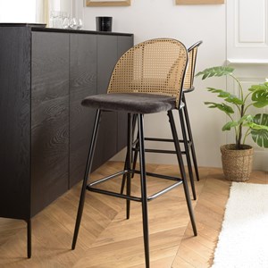 Lea - lot de 2 tabourets bar assise tissu noir dossier effet cannage