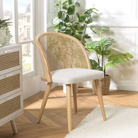 Agathe - chaise bois d'hévéa dossier arrondi rotin assise tissu blanc