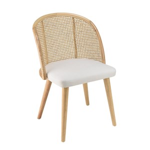Agathe - chaise bois d'hévéa dossier arrondi rotin assise tissu blanc