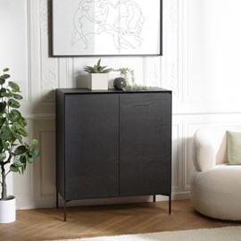 Maxendre - buffet en bois noir 2 portes 3 étagères pieds métal noir