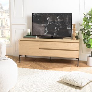 Maxendre - meuble tv bois naturel 1 porte 2 tiroirs pieds métal noir