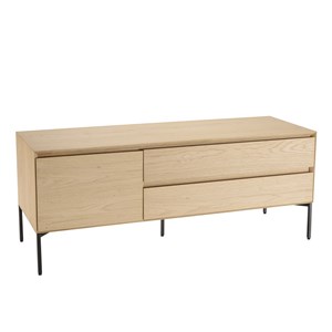 Maxendre - meuble tv bois naturel 1 porte 2 tiroirs pieds métal noir