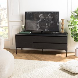 Maxendre - meuble tv en bois noir 1 porte 2 tiroirs pieds métal noir