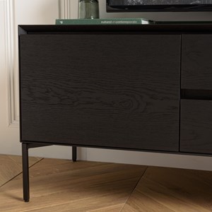Maxendre - meuble tv en bois noir 1 porte 2 tiroirs pieds métal noir
