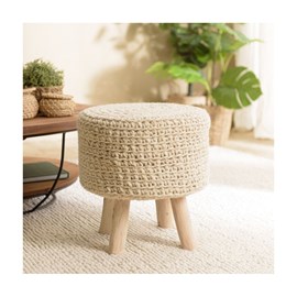 Sacha - tabouret rond 40x40cm laine tressé blanc pieds bois naturel
