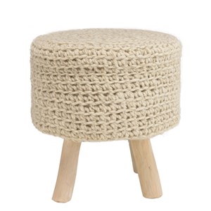 Sacha - tabouret rond 40x40cm laine tressé blanc pieds bois naturel